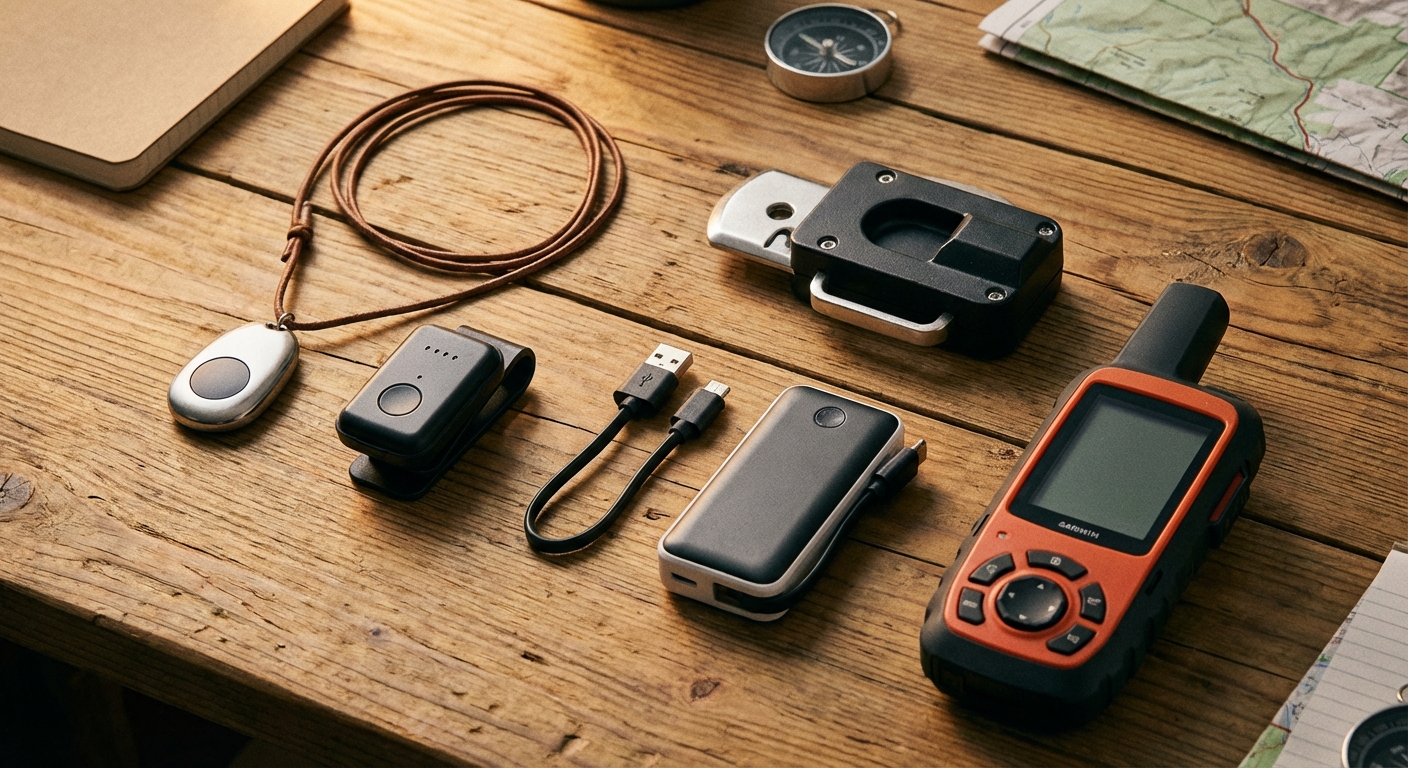 Flat lay of solo travel safety gear including safety pendant, luggage tracker, door lock, and satellite communicator