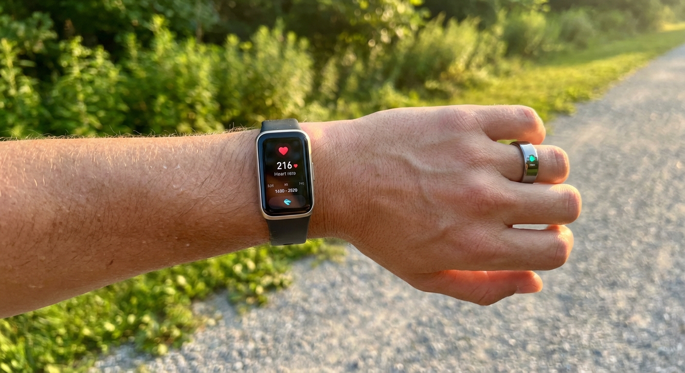 Runner wearing both a smartwatch and smart ring for complementary health tracking