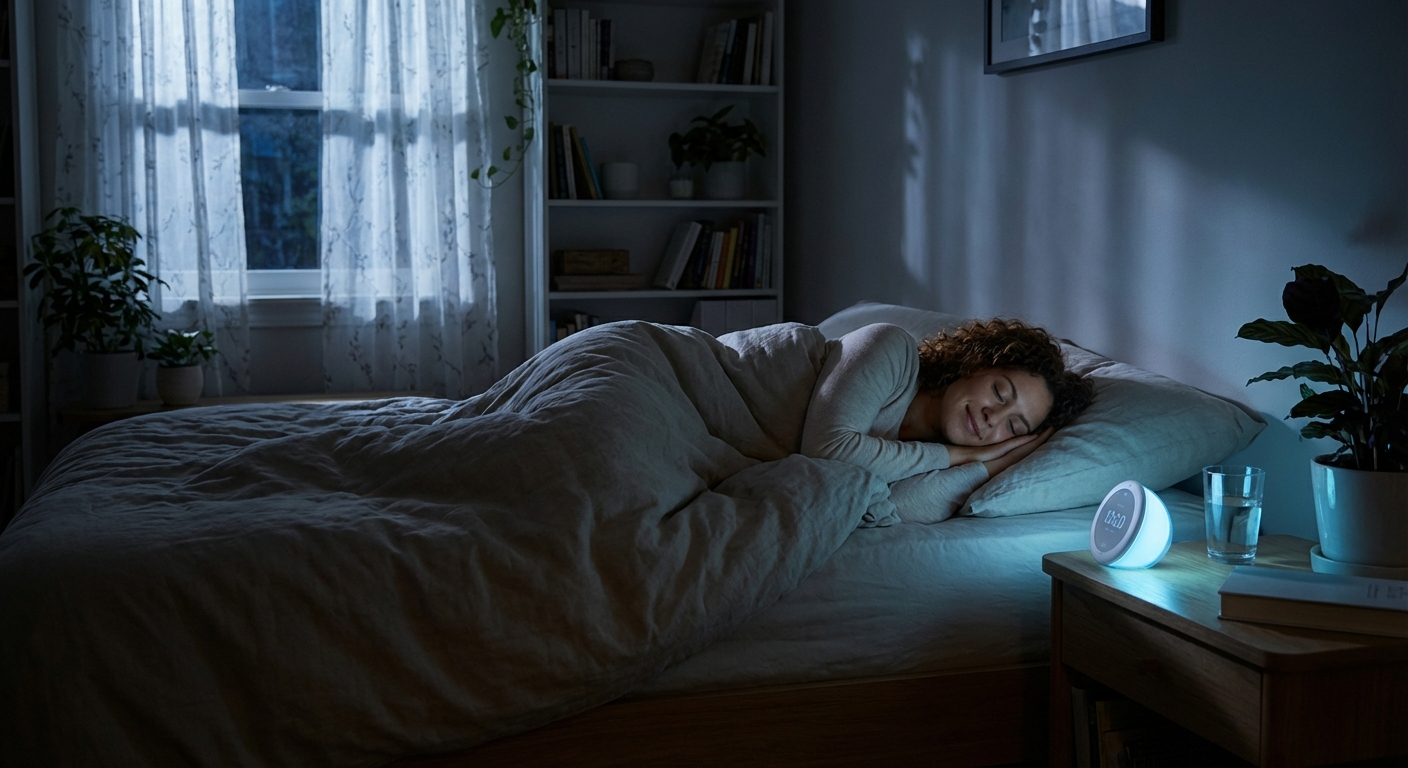 Peaceful bedroom with sleep tracking device on nightstand