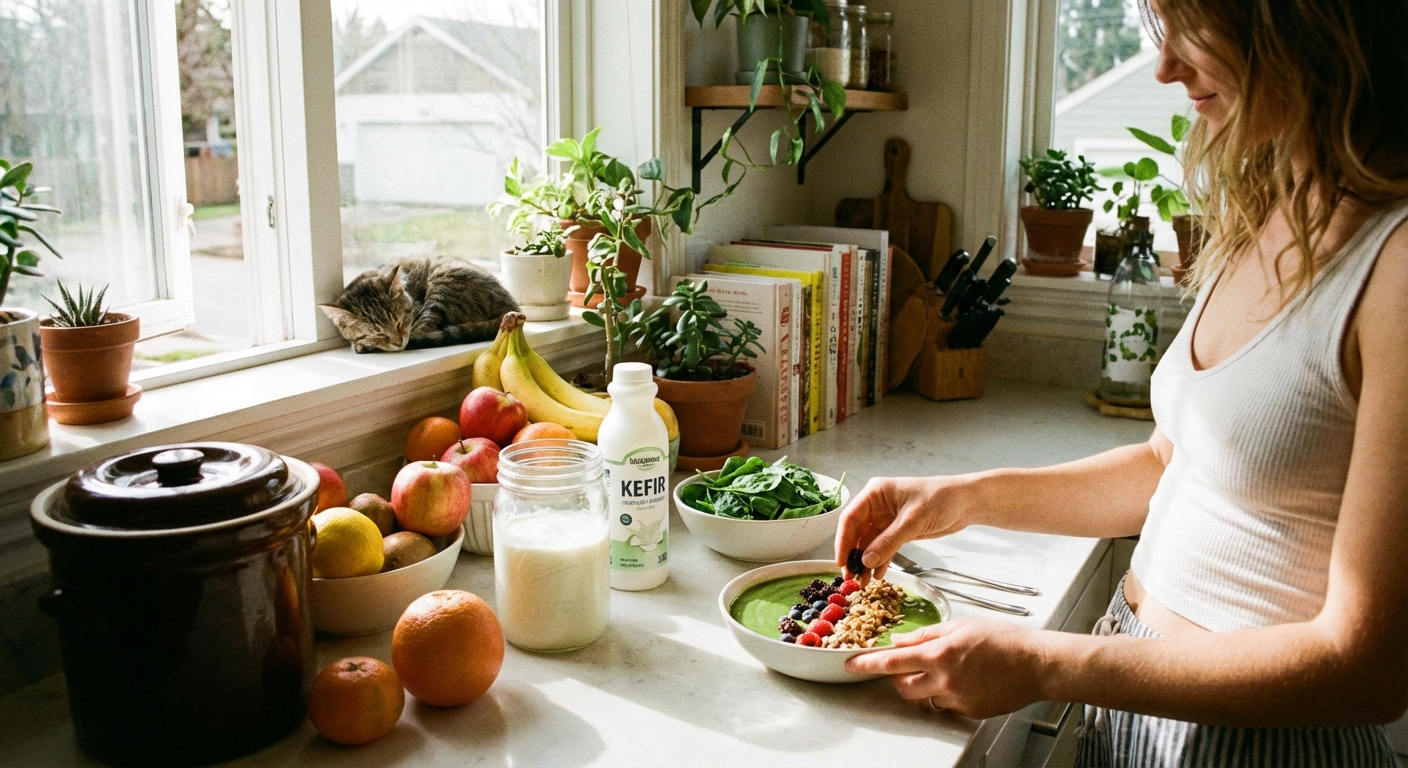 Morning smoothie bowl preparation with fresh fruits and gut-friendly ingredients
