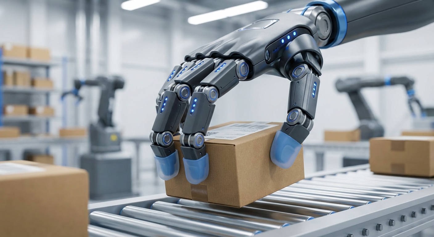 Humanoid robot hand precisely picking up a package in a warehouse
