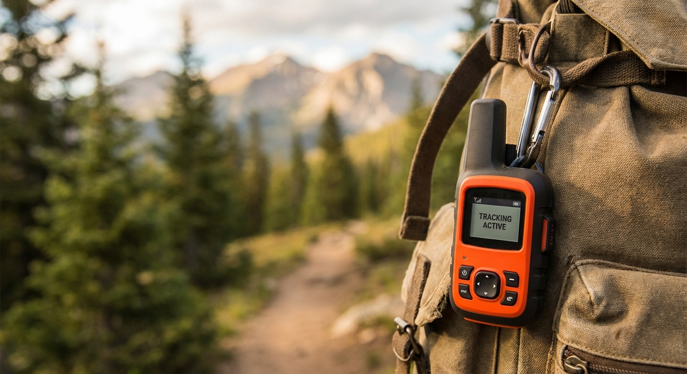 Compact satellite communicator clipped to a backpack strap on a mountain hiking trail