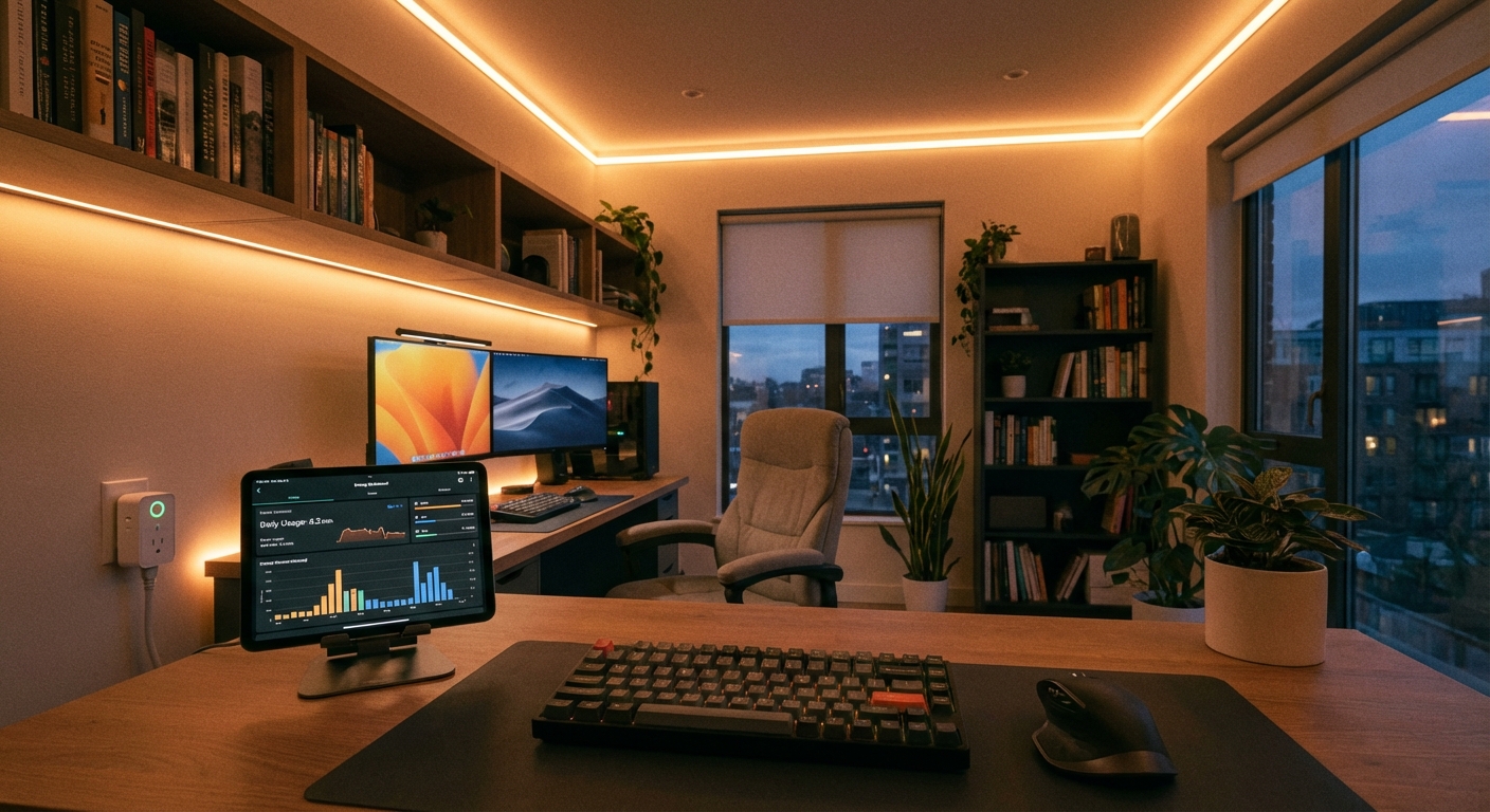 Smart home office with energy-efficient LED lighting and monitoring