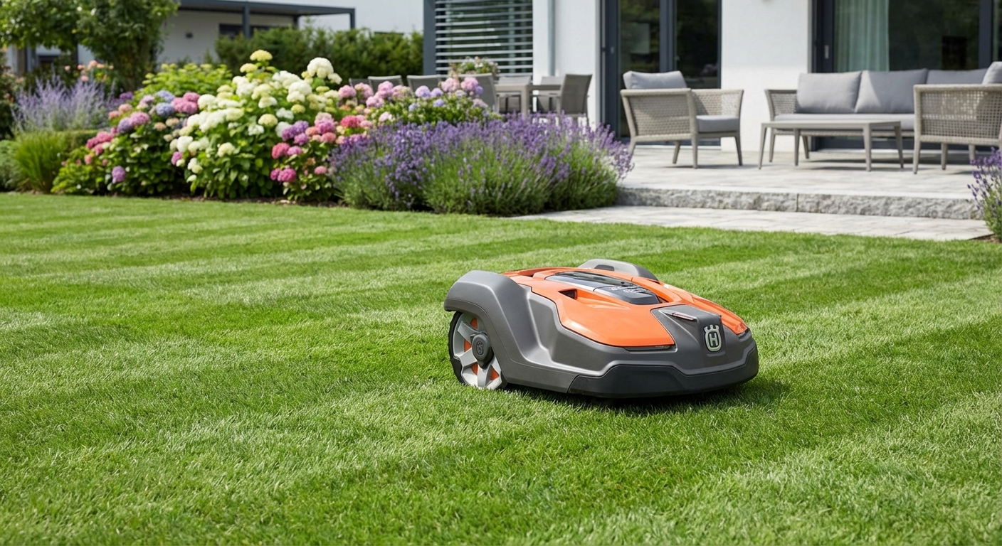An autonomous robotic lawn mower cutting a manicured green lawn