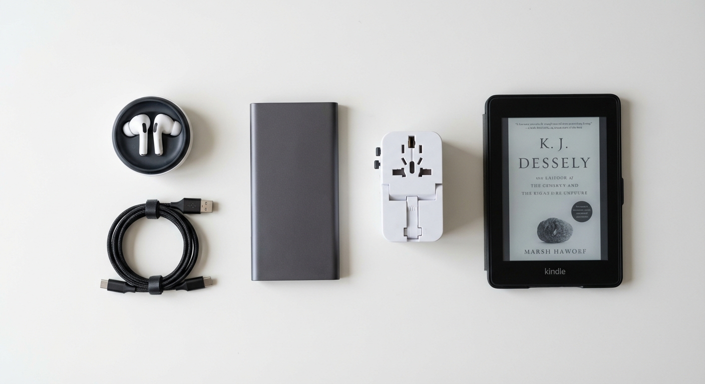 Essential travel tech accessories including power bank, adapter, earbuds, and e-reader