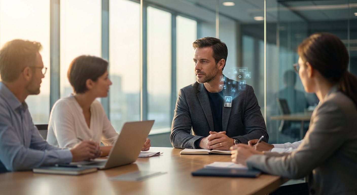 AI wearable pin on a professional lapel with subtle holographic interface during a meeting
