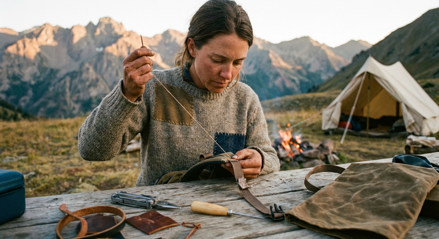 Hiker repairing outdoor gear at a campsite, demonstrating gear longevity over replacement