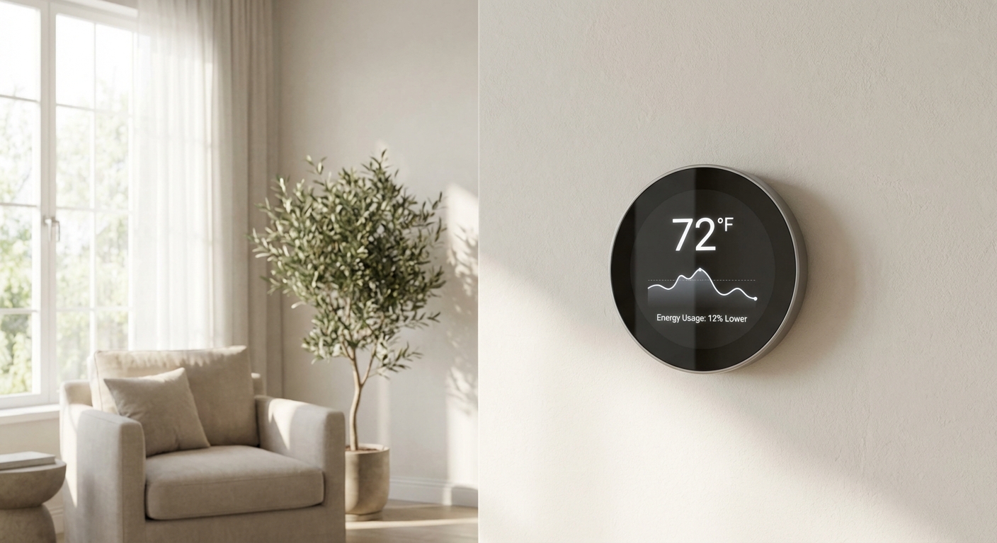 Smart thermostat displaying energy usage data on wall