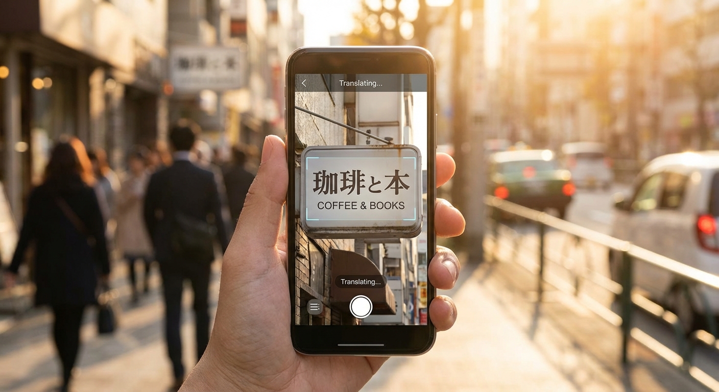 Smartphone using on-device AI to translate a foreign street sign in real time
