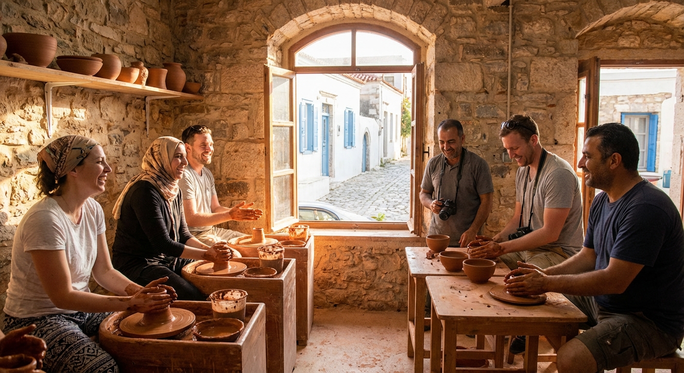 Travelers participating in a pottery workshop during a purpose-driven cultural trip
