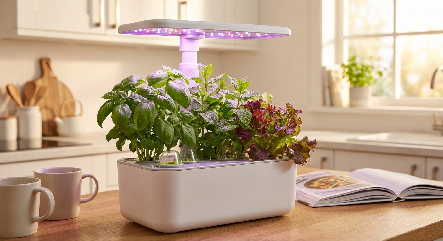 An indoor smart garden with LED grow lights growing fresh herbs on a kitchen counter