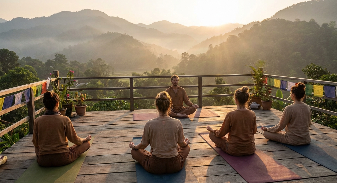 Sunrise yoga session at a mountain wellness retreat