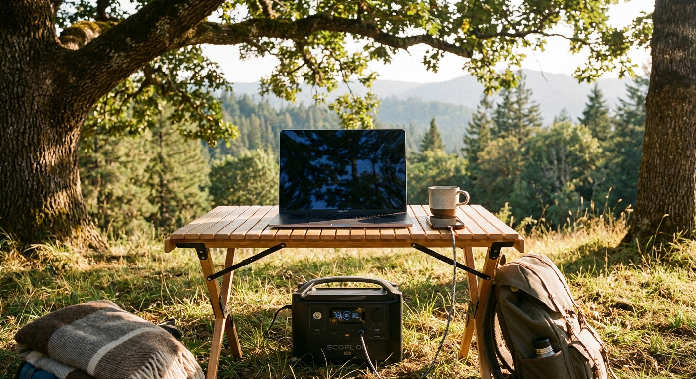 A remote work setup in nature powered by a portable power station