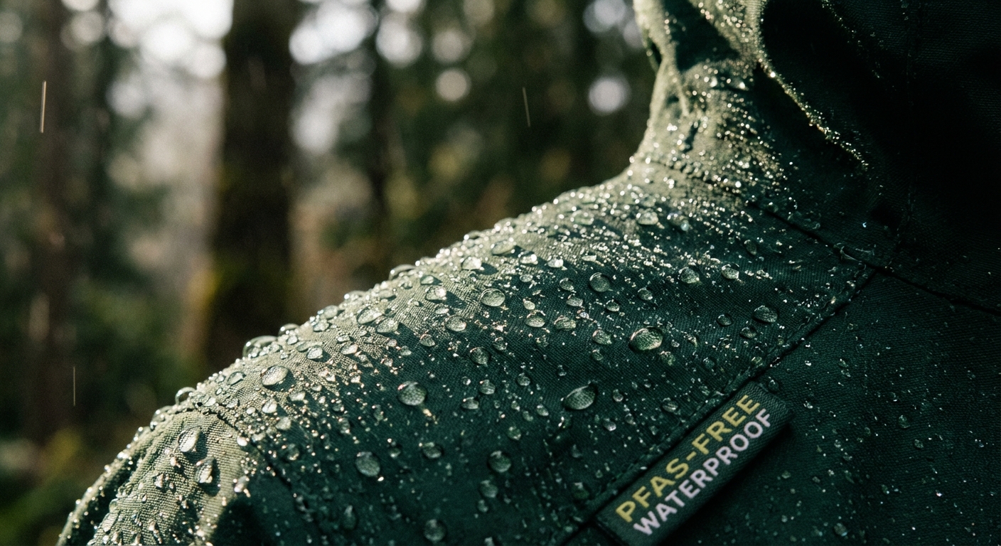 Water beading on a PFAS-free waterproof hiking jacket surface