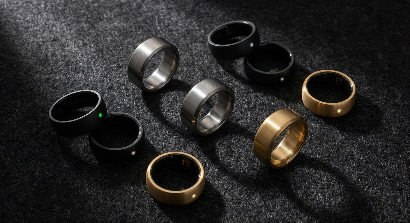Smart rings in multiple finishes including titanium, black, and gold on dark felt surface