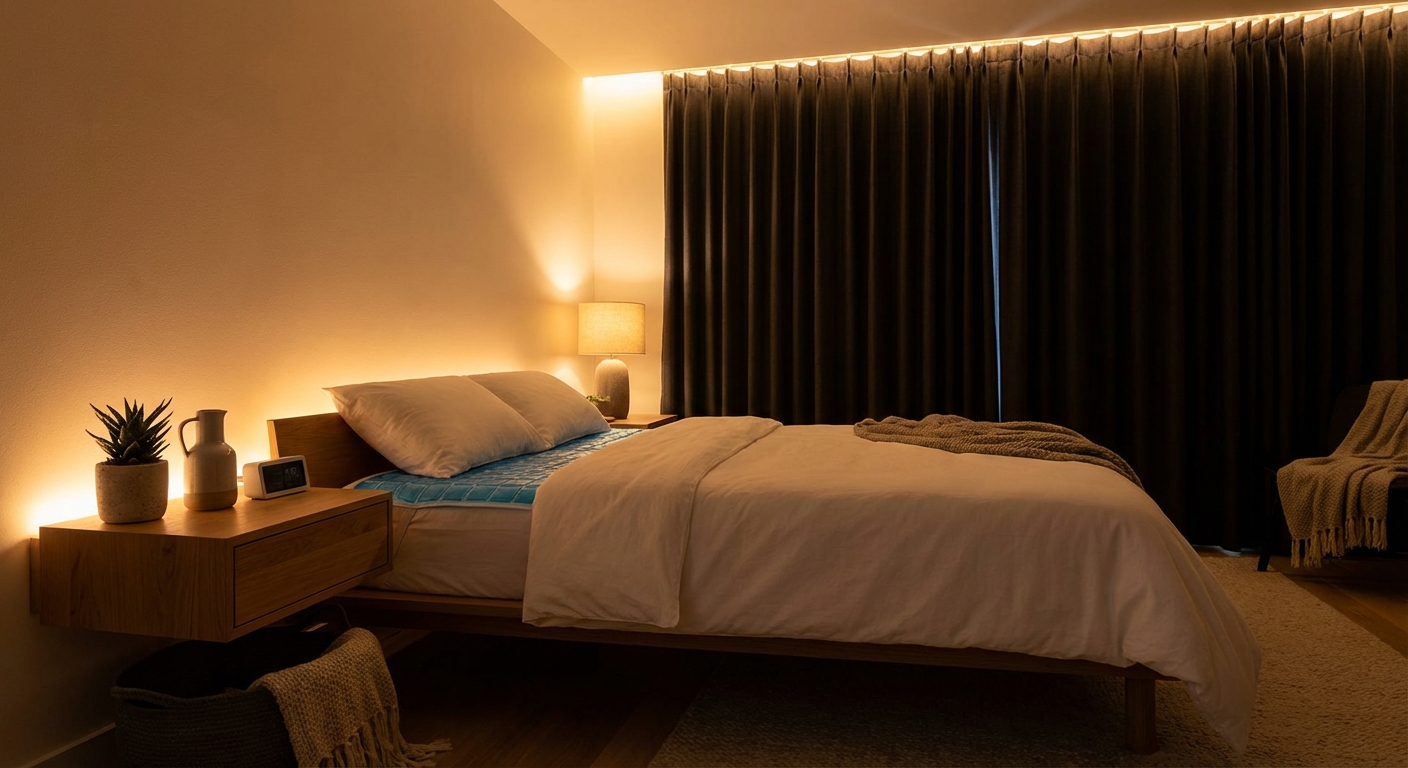 A sleep sanctuary bedroom with circadian lighting and temperature-controlled bedding