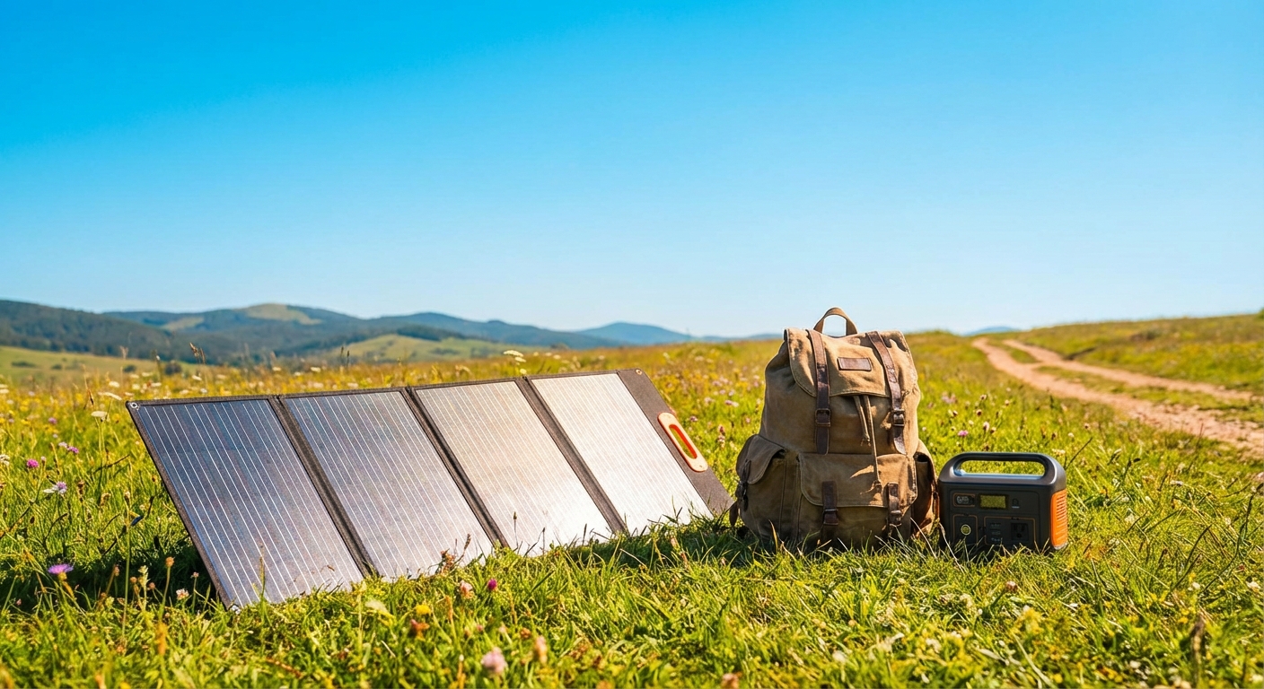 A foldable solar panel deployed outdoors for charging a portable power station