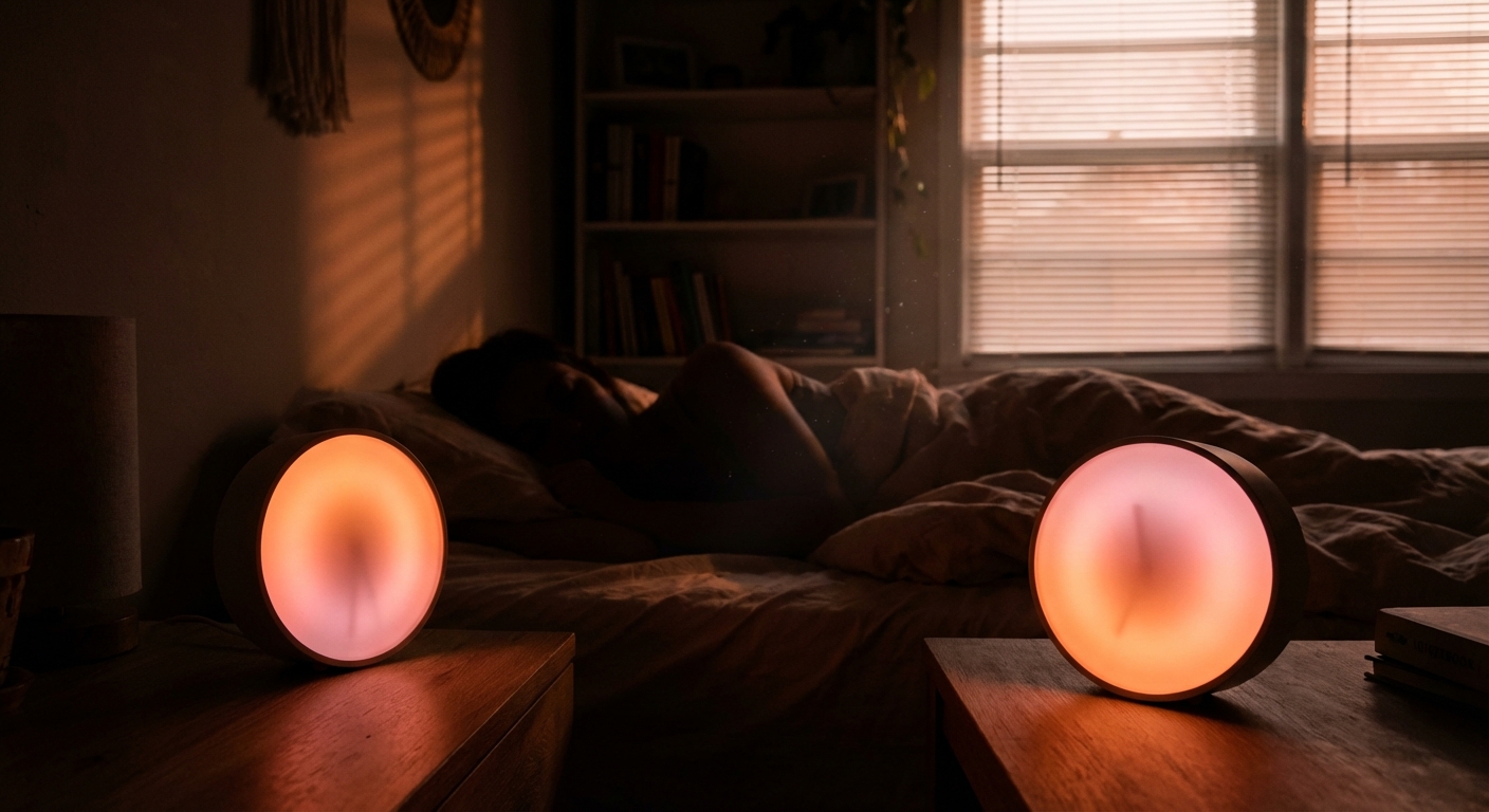 Sunrise simulation light gradually filling a dark bedroom for gentle awakening