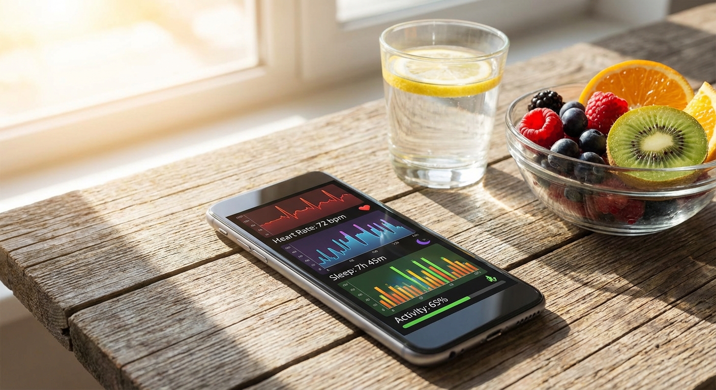 Health metrics dashboard on smartphone with wellness items