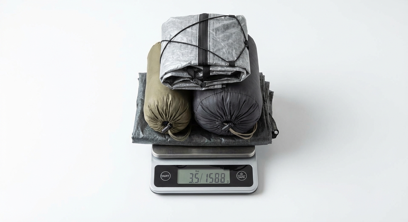 The Big Three ultralight backpacking items — tent, quilt, and pack — arranged on a kitchen scale