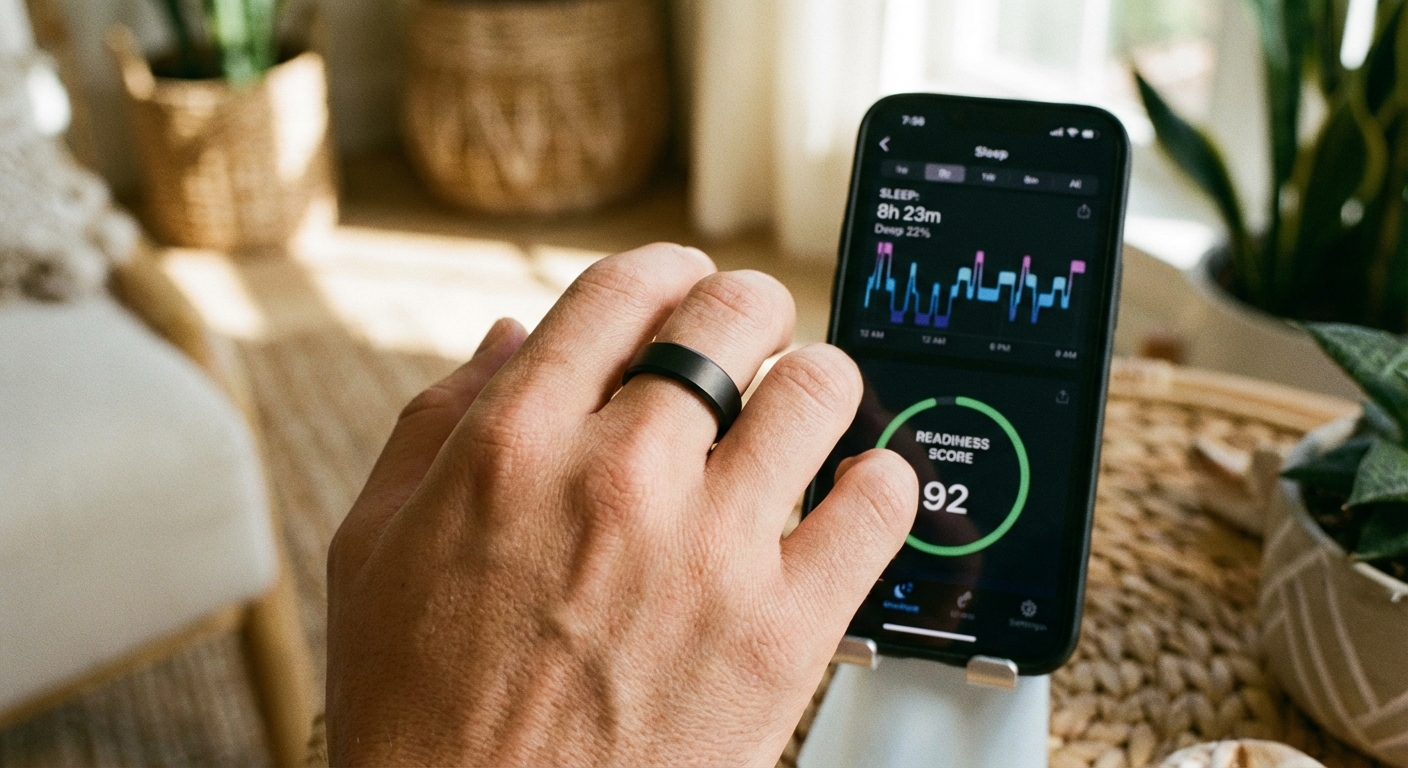 Smart ring on a hand with sleep tracking app showing readiness score on smartphone