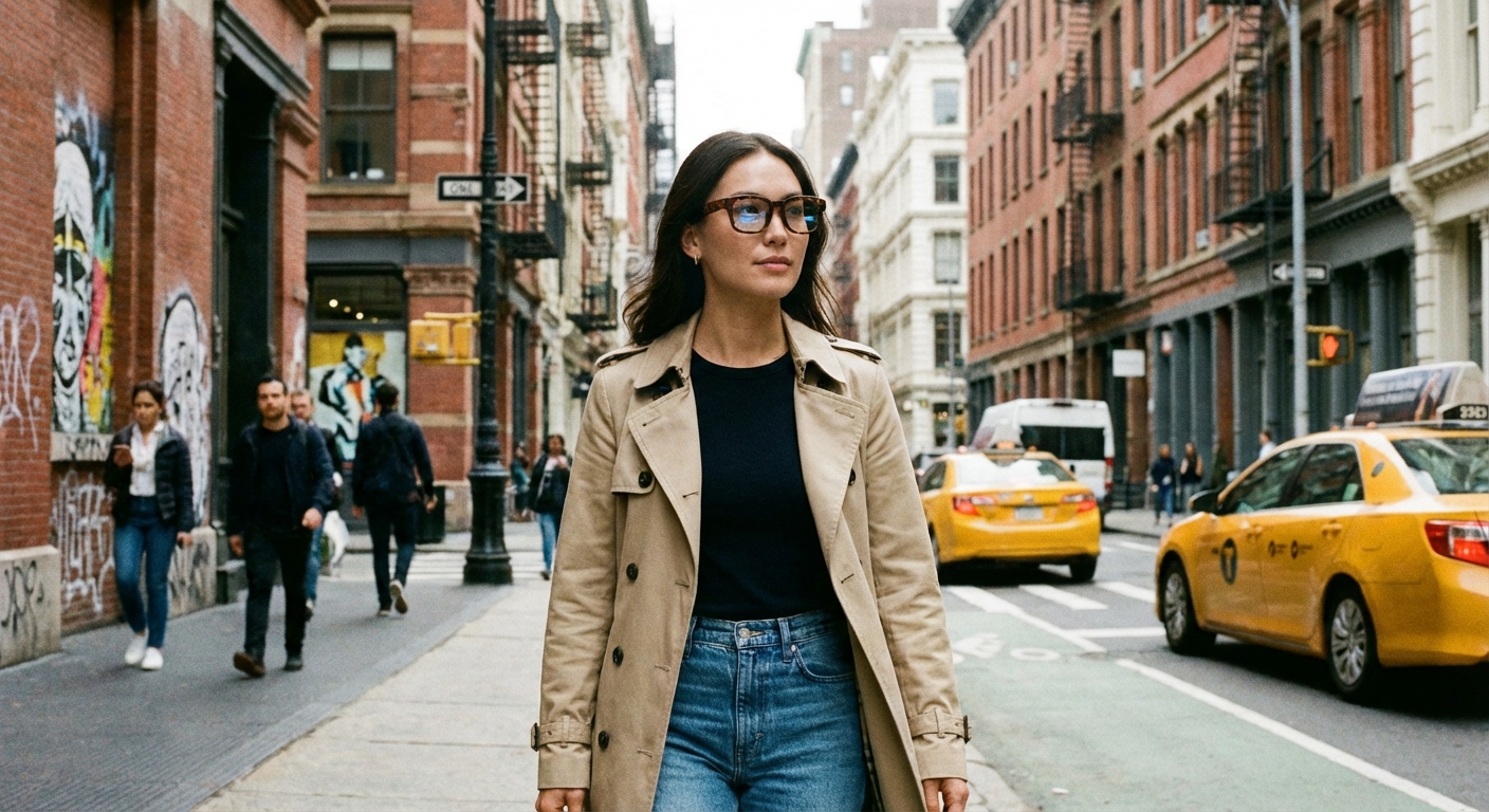 Person wearing fashionable smart glasses in urban setting